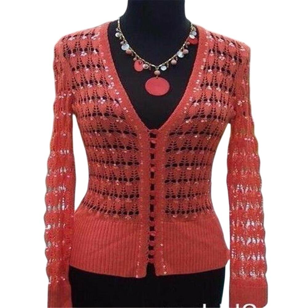 Cache Peek A Knit Sequin Kissed Sweater Top New Cardigan Tussan Silk $118 NWT - Picture 2 of 6